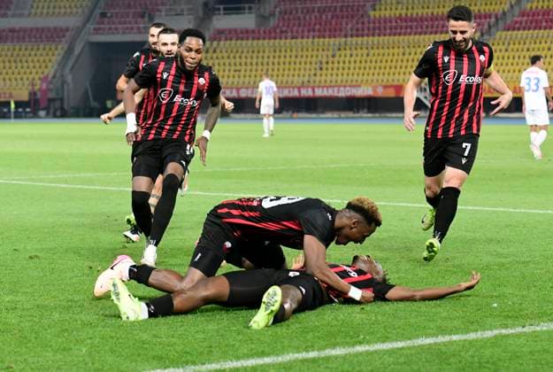 Players of FC Shkendija celebrate during UEFA Champions League second qualifying round match between FC Shkendija and FCSB in Skopje, North Macedonia, July 22 2025. IMAGO PETR STOJANOVSKI