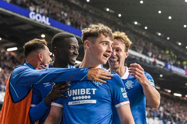 Rangers v Panathinaikos F.C. UEFA Champions League Findlay Curtis of Rangers scores their sides first goal of the match and celebrates his goal with teammates during the UEFA Champions League Second Qualifying Round First Leg match at Ibrox Stadium, Glasgow UK Newspapers OUT Copyright: xJamiexJohnstonx FIL-21990-0149
