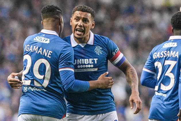 Rangers v Panathinaikos F.C. UEFA Champions League James Tavernier and Hamza Igamane of Rangers celebrate Djeidi Gassama™s goal during the UEFA Champions League Second Qualifying Round First Leg match at Ibrox Stadium, Glasgow UK Newspapers OUT Copyright: xJamiexJohnstonx FIL-21990-0158