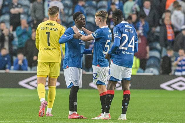 Rangers v Panathinaikos F.C. UEFA Champions League Findlay Curtis and Djeidi Gassamaof Rangers at full time during the UEFA Champions League Second Qualifying Round First Leg match at Ibrox Stadium, Glasgow UK Newspapers OUT Copyright: xJamiexJohnstonx FIL-21990-0160