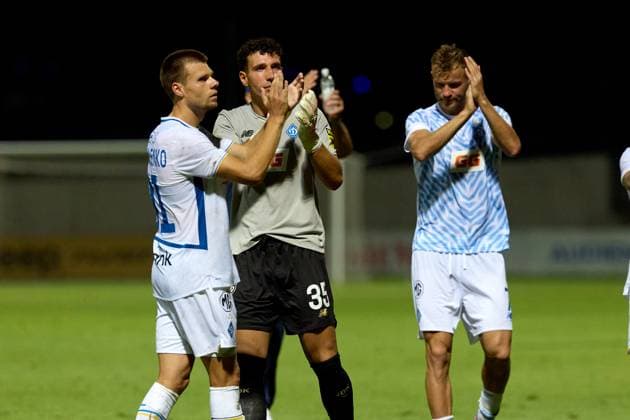 Mykola Mykhailenko and Ruslan Neshcheret (centre), goalkeeper of Dynamo Kyiv applaud after the UEFA Champions League Second qualifying round, 1st leg soccer match between Hamrun Spartans FC and FC Dynamo Kyiv at the Tony Bezzina Stadium, in Paola, Malta, on 22 July 2025. UEFA Champions League - Hamrun Spartans FC v FC Dynamo Kyev