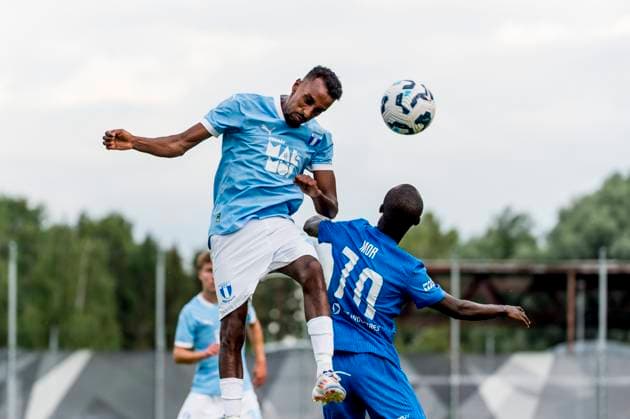 250722 Taha Ali of Malmö FF and Mor Talla of FK RFS during the UEFA Champions League qualifier football match between FK RFS and Malmö FF on July 22, 2025 in Riga. Photo: Christian Örnberg BILDBYRAN COP 166 CO0590 fotboll football soccer fotball uefa champions league qualifiers champions league fk rfs malmö ff bbeng Copyright: CHRISTIANxÖRNBERG BB250722CO126