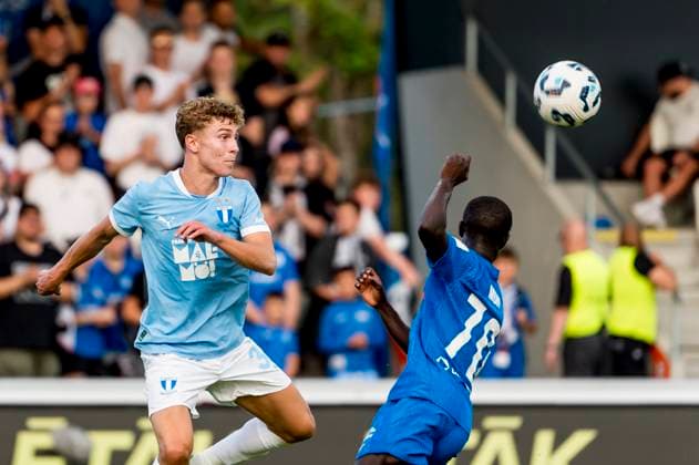 250722 Hugo Bolin of Malmö FF and Mor Talla of FK RFS during the UEFA Champions League qualifier football match between FK RFS and Malmö FF on July 22, 2025 in Riga. Photo: Christian Örnberg BILDBYRAN COP 166 CO0590 fotboll football soccer fotball uefa champions league qualifiers champions league fk rfs malmö ff bbeng Copyright: CHRISTIANxÖRNBERG BB250722CO132