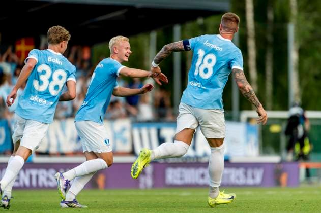 250722 Otto Rosengren and Pontus Jansson of Malmö FF celebrates during the UEFA Champions League qualifier football match between FK RFS and Malmö FF on July 22, 2025 in Riga. Photo: Christian Örnberg BILDBYRAN COP 166 CO0590 fotboll football soccer fotball uefa champions league qualifiers champions league fk rfs malmö ff bbeng jubel Copyright: CHRISTIANxÖRNBERG BB250722CO134