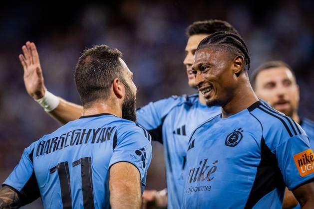 SLOVAN BRATISLAVA - ZRINJSKI MOSTAR Rahim Ibrahim of Slovan celebrates a goal with Tigran Barseghyan during second qualifying round of UEFA Champions League football match between SK Slovan Bratislava and HSK Zrinjski Mostar. Bratislava, Slovakia, July 22, 2025. Copyright: xx slo_zri076