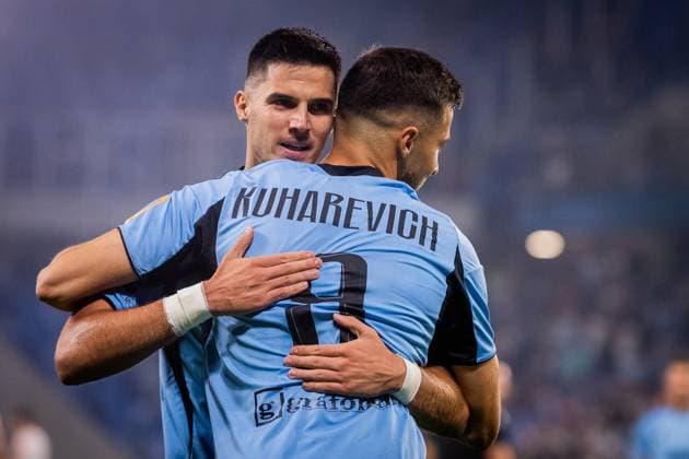 SLOVAN BRATISLAVA - ZRINJSKI MOSTAR Marko Tolic, Mykola Kukharevyc of Slovan celebrate a goal during second qualifying round of UEFA Champions League football match between SK Slovan Bratislava and HSK Zrinjski Mostar. Bratislava, Slovakia, July 22, 2025. Copyright: xx _BRR5214
