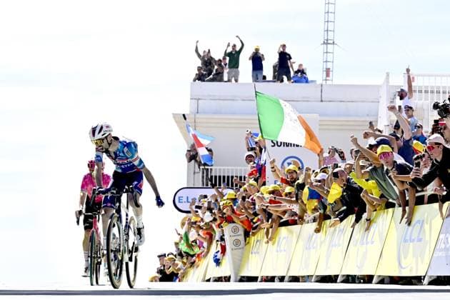 French Valentin Paret-Peintre of Soudal Quick-Step celebrates after winning stage 16 of the 2025 Tour de France cycling race, from Montpellier to Mont Ventoux (172 km), on Tuesday 22 July 2025 in France. The 112th edition of the Tour de France starts on Saturday 5 July in Lille, France, and will finish in Paris, France on the 27th of July. JASPERxJACOBS  x129791793x