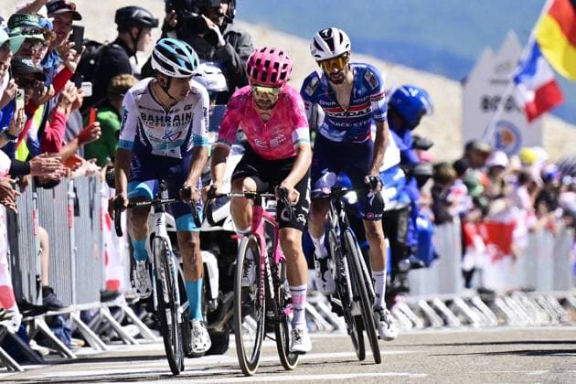 Colombian Santiago Buitrago of Bahrain-Victorious, Irish Ben Healy of EF Education-EasyPost and French Valentin Paret-Peintre of Soudal Quick-Step pictured in action during stage 16 of the 2025 Tour de France cycling race, from Montpellier to Mont Ventoux (172 km), on Tuesday 22 July 2025 in France. The 112th edition of the Tour de France starts on Saturday 5 July in Lille, France, and will finish in Paris, France on the 27th of July. DIRKxWAEM  x129792025x