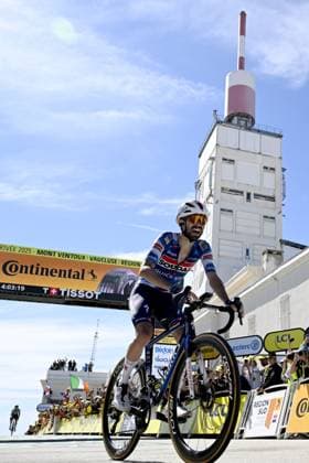 French Valentin Paret-Peintre of Soudal Quick-Step celebrates after winning stage 16 of the 2025 Tour de France cycling race, from Montpellier to Mont Ventoux (172 km), on Tuesday 22 July 2025 in France. The 112th edition of the Tour de France starts on Saturday 5 July in Lille, France, and will finish in Paris, France on the 27th of July. JASPERxJACOBS  x129802503x