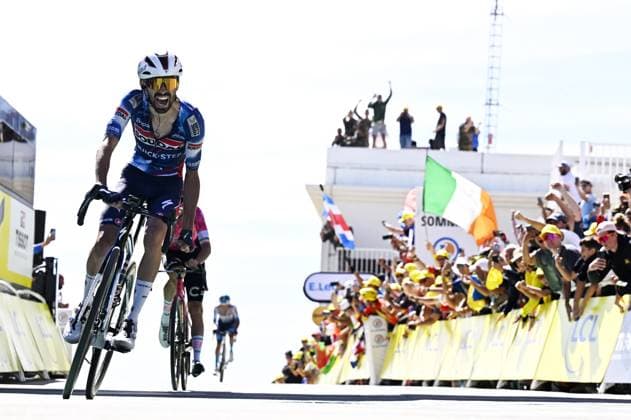 French Valentin Paret-Peintre of Soudal Quick-Step celebrates after winning stage 16 of the 2025 Tour de France cycling race, from Montpellier to Mont Ventoux (172 km), on Tuesday 22 July 2025 in France. The 112th edition of the Tour de France starts on Saturday 5 July in Lille, France, and will finish in Paris, France on the 27th of July. JASPERxJACOBS  x129802512x