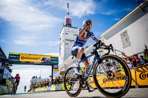 French Valentin Paret-Peintre of Soudal Quick-Step celebrates as he crosses the finish line to win pictured at the start of stage 16 of the 2025 Tour de France cycling race, from Montpellier to Mont Ventoux (172 km), on Tuesday 22 July 2025 in France. The 112th edition of the Tour de France starts on Saturday 5 July in Lille, France, and will finish in Paris, France on the 27th of July. JASPERxJACOBS  x129807576x