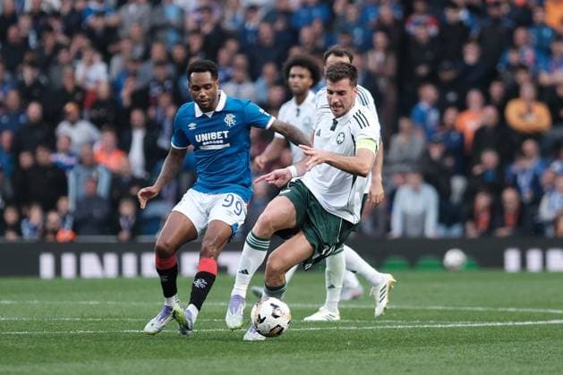 UK: Rangers v Panathinaikos, UEFA Champions League second qualifying round at Ibrox Stadium, Glasgow, Scotland on 22 July 2025: Pictured: Danilo (Rangers) and Fotis Ioannidis (Panathinaikos) Glasgow Ibrox Stadium Scotland Copyright: xAlexxToddx