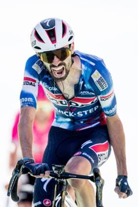 French Valentin Paret-Peintre of Soudal Quick-Step celebrates as he crosses the finish line to win pictured at the start of stage 16 of the 2025 Tour de France cycling race, from Montpellier to Mont Ventoux (172 km), on Tuesday 22 July 2025 in France. The 112th edition of the Tour de France starts on Saturday 5 July in Lille, France, and will finish in Paris, France on the 27th of July. JASPERxJACOBS  x129807611x