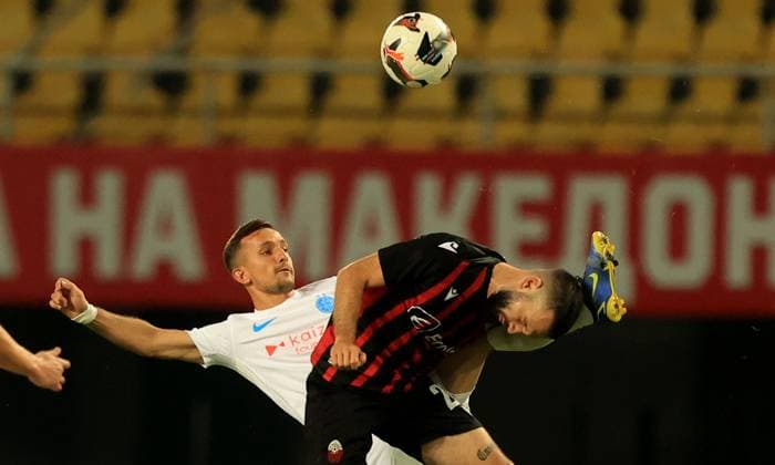 22.07.2025 Skopje KF Shkendija Tetovo-FCSB champion s league qualifiers second leg men s football Marius Stefanescu(L) FCSB ,Kamer Qaka(R) Shkendija :