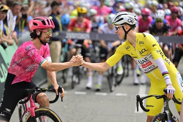 Irish Ben Healy of EF Education-EasyPost and Slovenian Tadej Pogacar of UAE Team Emirates pictured before stage 17 of the 2025 Tour de France cycling race, from Bollene to Valence (161km), on Wednesday 23 July 2025 in France. The 112th edition of the Tour de France starts on Saturday 5 July in Lille, France, and will finish in Paris, France on the 27th of July. DIRKxWAEM  x129849854x