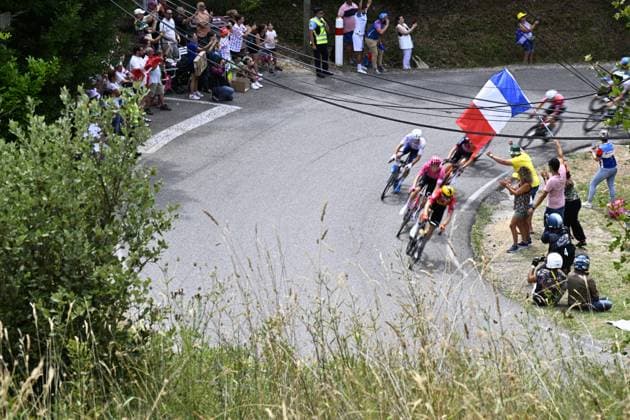 French Quentin Pacher of Groupama-FDJ, French Mathieu Burgaudeau of Team TotalEnergies, Italian Vincenzo Albanese of EF Education-EasyPost and Norwegian Jonas Abrahamsen of Uno-X Mobility oictured in the breakaway group during stage 17 of the 2025 Tour de France cycling race, from Bollene to Valence (161km), on Wednesday 23 July 2025 in France. The 112th edition of the Tour de France starts on Saturday 5 July in Lille, France, and will finish in Paris, France on the 27th of July. JASPERxJACOBS  x129851068x