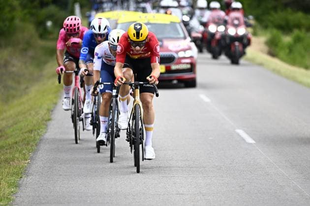 Italian Vincenzo Albanese of EF Education-EasyPost, French Quentin Pacher of Groupama-FDJ, French Mathieu Burgaudeau of Team TotalEnergies and Norwegian Jonas Abrahamsen of Uno-X Mobility pictured in the breakaway group during stage 17 of the 2025 Tour de France cycling race, from Bollene to Valence (161km), on Wednesday 23 July 2025 in France. The 112th edition of the Tour de France starts on Saturday 5 July in Lille, France, and will finish in Paris, France on the 27th of July. JASPERxJACOBS  x129851294x