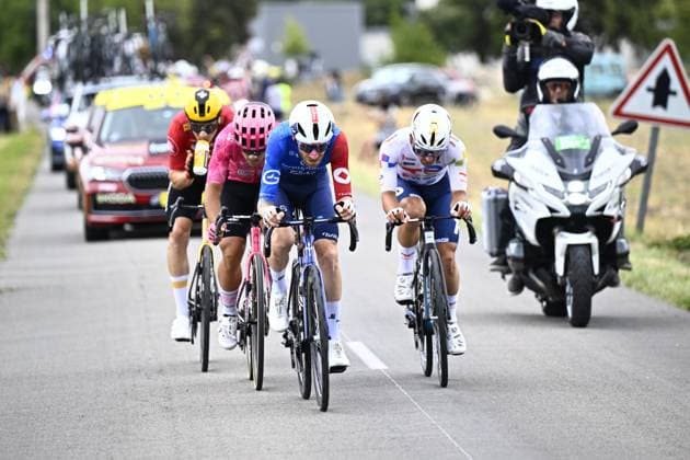Norwegian Jonas Abrahamsen of Uno-X Mobility, Italian Vincenzo Albanese of EF Education-EasyPost, French Quentin Pacher of Groupama-FDJ and French Mathieu Burgaudeau of TotalEnergies pictured in the breakaway group during stage 17 of the 2025 Tour de France cycling race, from Bollene to Valence (161km), on Wednesday 23 July 2025 in France. The 112th edition of the Tour de France starts on Saturday 5 July in Lille, France, and will finish in Paris, France on the 27th of July. JASPERxJACOBS  x129851388x