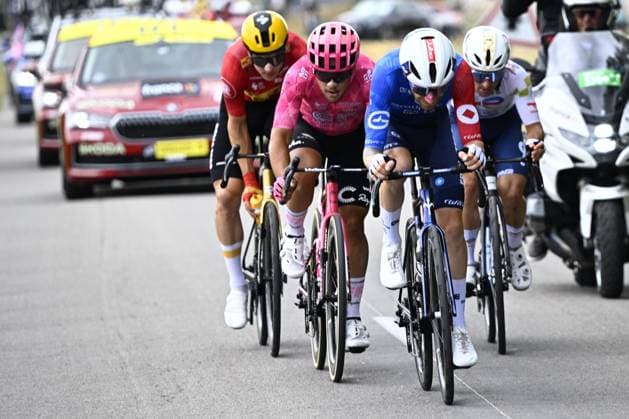 Norwegian Jonas Abrahamsen of Uno-X Mobility, Italian Vincenzo Albanese of EF Education-EasyPost, French Quentin Pacher of Groupama-FDJ and French Mathieu Burgaudeau of TotalEnergies pictured in the breakaway group during stage 17 of the 2025 Tour de France cycling race, from Bollene to Valence (161km), on Wednesday 23 July 2025 in France. The 112th edition of the Tour de France starts on Saturday 5 July in Lille, France, and will finish in Paris, France on the 27th of July. JASPERxJACOBS  x129851407x