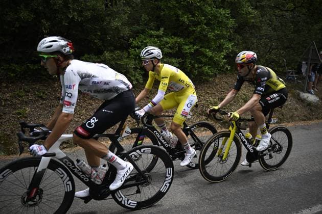 Spanish Marc Soler of UAE Team Emirates-XRG, Slovenian Tadej Pogacar of UAE Team Emirates and Belgian Wout van Aert of Team Visma-Lease a Bike pictured in action during stage 17 of the 2025 Tour de France cycling race, from Bollene to Valence (161km), on Wednesday 23 July 2025 in France. The 112th edition of the Tour de France starts on Saturday 5 July in Lille, France, and will finish in Paris, France on the 27th of July. JASPERxJACOBS  x129853319x