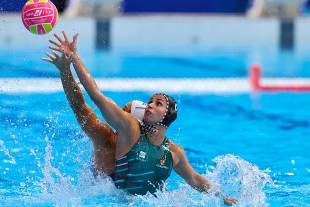 Eleni Xenaki of Greece and Rita Keszthelyi of Hungary Greece v Hungary, Water polo, Wasserball Singapore 2025 World Aquatics Championships, OCBC Aquatic Centre, July 23, 2025, Singapore, Singapore.