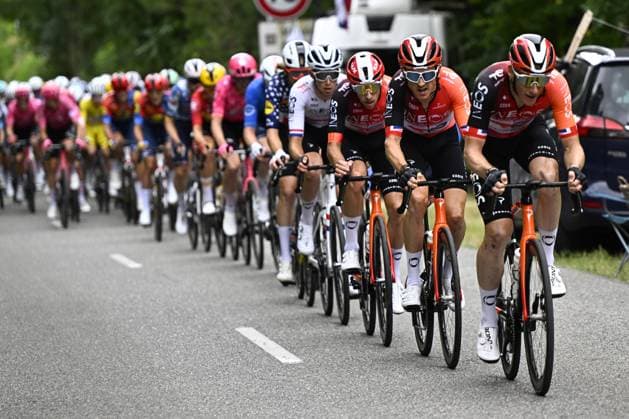 Ineos Grenadiers riders lead the pack during stage 17 of the 2025 Tour de France cycling race, from Bollene to Valence (161km), on Wednesday 23 July 2025 in France. The 112th edition of the Tour de France starts on Saturday 5 July in Lille, France, and will finish in Paris, France on the 27th of July. JASPERxJACOBS  x129859155x