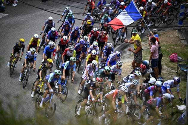 The pack of riders pictured in action during stage 17 of the 2025 Tour de France cycling race, from Bollene to Valence (161km), on Wednesday 23 July 2025 in France. The 112th edition of the Tour de France starts on Saturday 5 July in Lille, France, and will finish in Paris, France on the 27th of July. JASPERxJACOBS  x129862689x