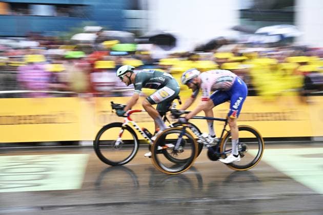 Italian Jonathan Milan of Lidl-Trek and Belgian Jordi Meeus of RedBull-BORA-hansgrohe cross the finish line of stage 17 of the 2025 Tour de France cycling race, from Bollene to Valence (161km), on Wednesday 23 July 2025 in France. The 112th edition of the Tour de France starts on Saturday 5 July in Lille, France, and will finish in Paris, France on the 27th of July. JASPERxJACOBS  x129863371x