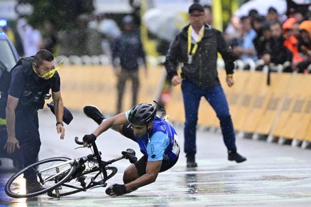 A streaker is pictured falling down at the finish line of stage 17 of the 2025 Tour de France cycling race, from Bollene to Valence (161km), on Wednesday 23 July 2025 in France. The 112th edition of the Tour de France starts on Saturday 5 July in Lille, France, and will finish in Paris, France on the 27th of July. DIRKxWAEM  x129863824x