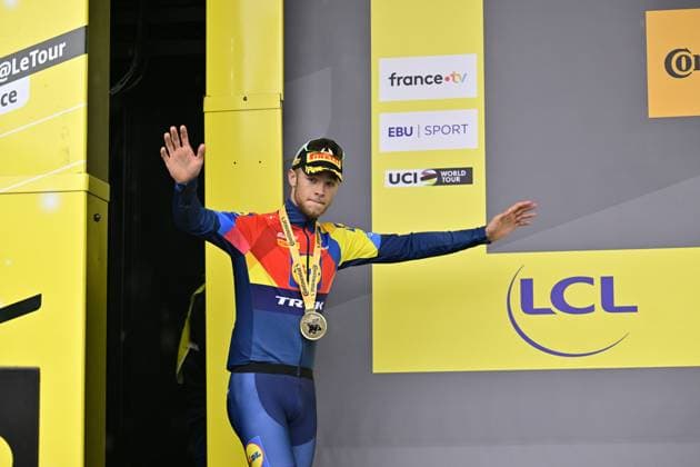 Italian Jonathan Milan of Lidl-Trek celebrates on the podium after winning stage 17 of the 2025 Tour de France cycling race, from Bollene to Valence (161km), on Wednesday 23 July 2025 in France. The 112th edition of the Tour de France starts on Saturday 5 July in Lille, France, and will finish in Paris, France on the 27th of July. DIRKxWAEM  x129865569x
