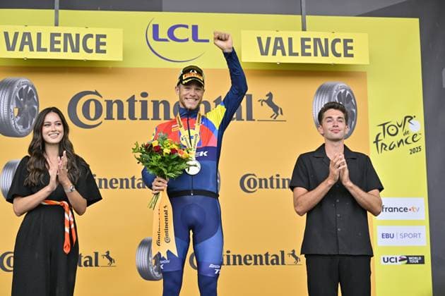 Italian Jonathan Milan of Lidl-Trek celebrates on the podium after winning stage 17 of the 2025 Tour de France cycling race, from Bollene to Valence (161km), on Wednesday 23 July 2025 in France. The 112th edition of the Tour de France starts on Saturday 5 July in Lille, France, and will finish in Paris, France on the 27th of July. DIRKxWAEM  x129865701x