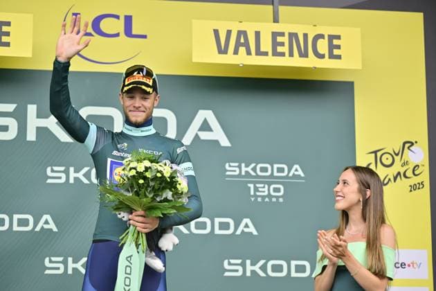 Italian Jonathan Milan of Lidl-Trek celebrates on the podium in the green jersey of leader in the sprint ranking after stage 17 of the 2025 Tour de France cycling race, from Bollene to Valence (161km), on Wednesday 23 July 2025 in France. The 112th edition of the Tour de France starts on Saturday 5 July in Lille, France, and will finish in Paris, France on the 27th of July. DIRKxWAEM  x129865708x
