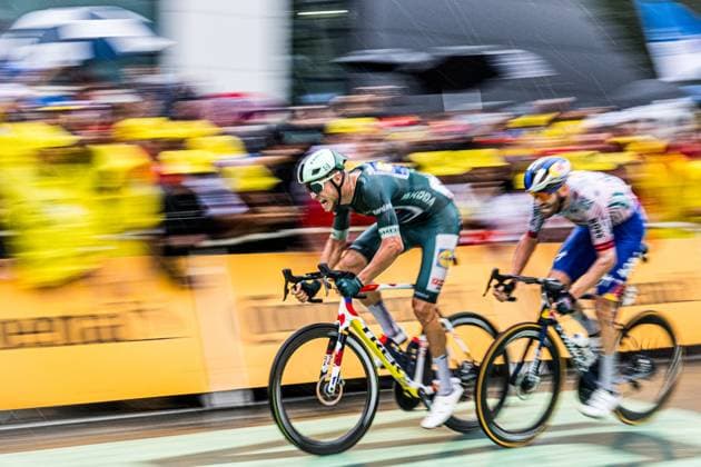 Italian Jonathan Milan of Lidl-Trek and Belgian Jordi Meeus of RedBull-BORA-hansgrohe pictured in action during stage 17 of the 2025 Tour de France cycling race, from Bollene to Valence (161km), on Wednesday 23 July 2025 in France. The 112th edition of the Tour de France starts on Saturday 5 July in Lille, France, and will finish in Paris, France on the 27th of July. JASPERxJACOBS  x129870718x