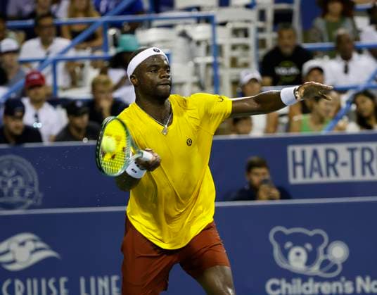 July 23, 2025: Francis Tiafoe hits a fore hand shot against Aleksandar Kovacevic during the 2025 Mubadala Citi DC Open tennis tournament being played at Rock Creek Park Tennis Center in Washington, D.C. CSM District Of Columbia United States of America - ZUMAc04_ 20250723_zma_c04_184 Copyright: xJustinxCooperx