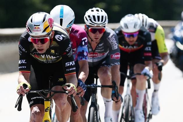 Belgian Wout van Aert of Team Visma-Lease a Bike, Kazakh Alexey Lutsenko of Israel-Premier Tech, Australian Kaden Groves of Alpecin-Deceuninck and Belgian Tim Wellens of UAE Team Emirates pictured in action during stage 18 of the 2025 Tour de France cycling race, from Vif to Courchevel Col de la Loze, on Thursday 24 July 2025 in France. The 112th edition of the Tour de France starts on Saturday 5 July in Lille, France, and will finish in Paris, France on the 27th of July. POOLxLUCAxBETTINI  x129920378x