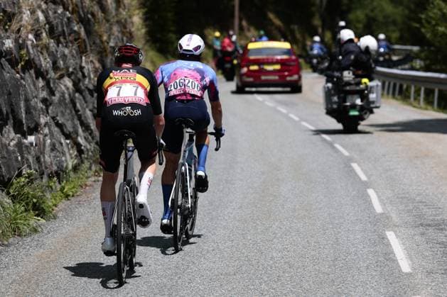 Belgian Tim Wellens of UAE Team Emirates and Kazakhstani Alexey Lutsenko of Israel-Premier Tech pictured in action during stage 18 of the 2025 Tour de France cycling race, from Vif to Courchevel Col de la Loze, on Thursday 24 July 2025 in France. The 112th edition of the Tour de France starts on Saturday 5 July in Lille, France, and will finish in Paris, France on the 27th of July. POOLxLUCAxBETTINI  x129922200x