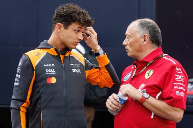 Lando Norris (McLaren Formula 1 Team, 04) und Frederic Vasseur (Scuderia Ferrari HP, Teamchef), Grosser Preis von Belgien, Motorsport, Formel 1, Saison 2025, 24.07.2025 Grosser Preis von Belgien, Motorsport, Formel 1, Saison 2025, 24.07.2025 Copyright: xEibner-Pressefoto AlexanderxNeisx EP_ANS