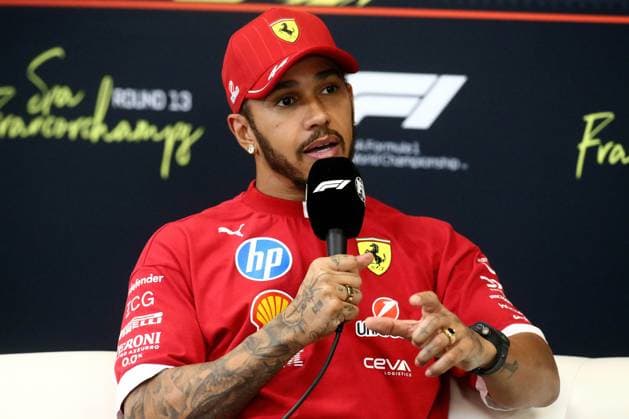 24.07.2025, xsvx, Motorsport FIA Formel 1, Großer Preis von Belgien v.l. Pressekonferenz Lewis Hamilton (Ferrari) Startnummer 44 (FIA REGULATIONS PROHIBIT ANY USE OF PHOTOGRAPHS as IMAGE SEQUENCES and or QUASI-VIDEO) Spa
