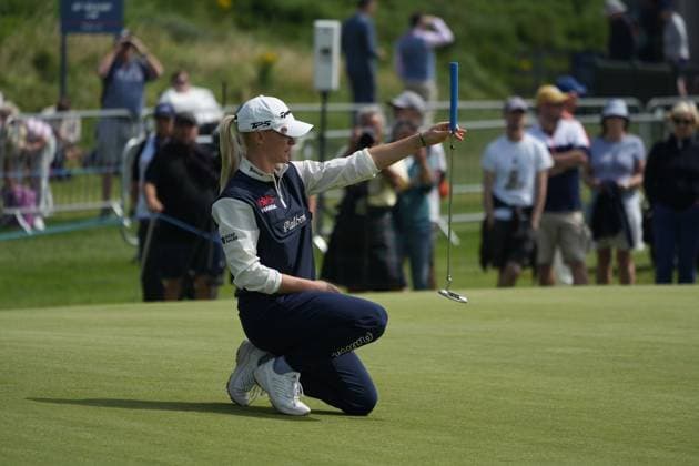 24th July 2025; Dundonald Links, Irvine, Scotland ISPS HANDA Womens Scottish Open Golf Round 1; Charley Hull lines up her birdie putt on the 18th green  AlecxBrown