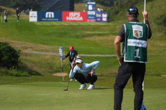 24th July 2025; Dundonald Links, Irvine, Scotland ISPS HANDA Womens Scottish Open Golf Round 1; Nelly Korda lines up her putt on the green at the 6th hole  AlecxBrown