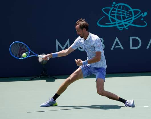 July 24, 2025: Daniil Medvedev hits a shot against Yibing Wu during the 2025 Mubadala Citi DC Open tennis tournament being played at Rock Creek Park Tennis Center in Washington, D.C. CSM District Of Columbia United States of America - ZUMAc04_ 20250724_zma_c04_105 Copyright: xJustinxCooperx