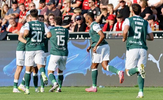 Jamie McGrath of Hibernian celebrates scoring a goal to make the score 0-1 Midtjylland v Hibernian, UEFA Europa League, 2nd Qualifying Round, First Leg, Football, MCH Arena, Herning, Denmark - 24 Jul 2025Herning MCH Arena Denmark EDITORIAL USE ONLY No use with unauthorised audio, video, data, fixture lists, club league logos or live services. Online in-match use limited to 120 images, no video emulation. No use in betting, games or single club league player publications. Copyright: xJohnnyxPedersen Shutterstockx 15410838u
