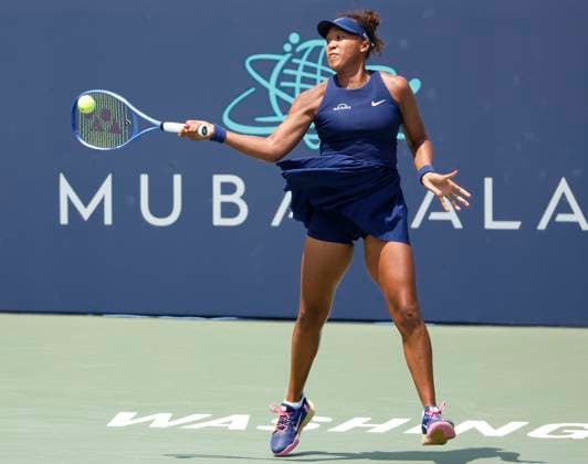 July 24, 2025: Naomi Osaka hits a shot in her match against Emma Raducanu during the 2025 Mubadala Citi DC Open tennis tournament being played at Rock Creek Park Tennis Center in Washington, D.C. CSM District Of Columbia United States of America - ZUMAc04_ 20250724_zma_c04_160 Copyright: xJustinxCooperx