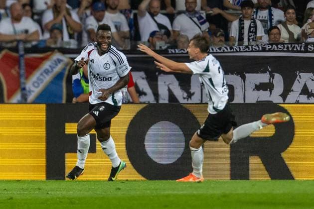 Jean-Pierre Nsame of Legia Warsaw (left) celebrates goal during the European League 2nd qualifying round opening match Banik Ostrava vs Legia Warsaw in Ostrava, Czech Republic, July 24, 2025. (CTKxPhoto VladimirxPrycek) CTKPhotoP2025072408803  CTKPhotoP2025072408803