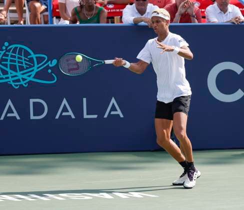July 24, 2025: Gabriel Diallo hits a shot during his match with Ben Shelton during the 2025 Mubadala Citi DC Open tennis tournament being played at Rock Creek Park Tennis Center in Washington, D.C. CSM District Of Columbia United States of America - ZUMAc04_ 20250724_zma_c04_177 Copyright: xJustinxCooperx