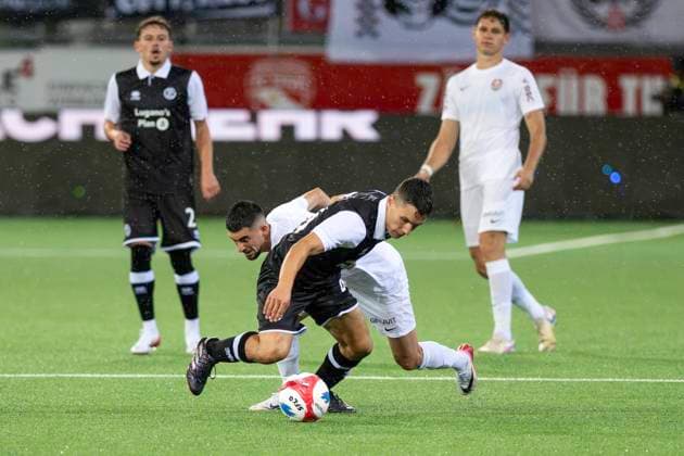 Mattia Zanotti, FCL, hi. Meriton Korenica, CFR, FC Lugano - CFR Cluj, Qualifikationsrunde UEFA Europa League, Fussball, 24.07.2025