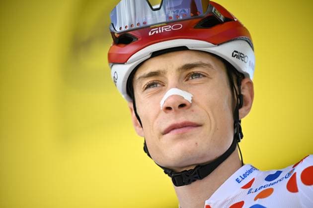 Danish Jonas Vingegaard Hansen of Team Visma-Lease a Bike wearing the red polka-dot jersey for best climber pictured at the start of stage 19 of the 2025 Tour de France cycling race, from Albertville to La Plagne (130km), on Friday 25 July 2025 in France. The 112th edition of the Tour de France starts on Saturday 5 July in Lille, France, and will finish in Paris, France on the 27th of July. JASPERxJACOBS  x129987306x