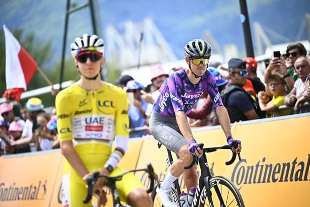 Slovenian Tadej Pogacar of UAE Team Emirates wearing the yellow jersey of leader in the overall ranking and Australian Ben O Connor of Team Jayco AlUla pictured at the start of stage 19 of the 2025 Tour de France cycling race, from Albertville to La Plagne (130km), on Friday 25 July 2025 in France. The 112th edition of the Tour de France starts on Saturday 5 July in Lille, France, and will finish in Paris, France on the 27th of July. JASPERxJACOBS  x129987620x