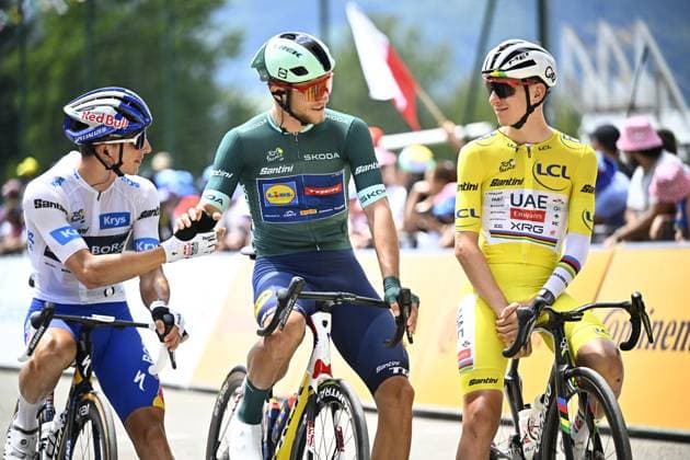 German Florian Lipowitz of RedBull-BORA-hansgrohe, Italian Jonathan Milan of Lidl-Trek and Slovenian Tadej Pogacar of UAE Team Emirates pictured at the start of stage 19 of the 2025 Tour de France cycling race, from Albertville to La Plagne (130km), on Friday 25 July 2025 in France. The 112th edition of the Tour de France starts on Saturday 5 July in Lille, France, and will finish in Paris, France on the 27th of July. JASPERxJACOBS  x129987624x