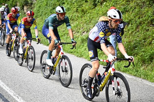Belgian Edward Theuns of Lidl-Trek, Italian Simone Consonni of Lidl-Trek, Italian Jonathan Milan of Lidl-Trek and US Quinn Simmons of Lidl-Trek pictured in action during stage 19 of the 2025 Tour de France cycling race, from Albertville to La Plagne (130km), on Friday 25 July 2025 in France. The 112th edition of the Tour de France starts on Saturday 5 July in Lille, France, and will finish in Paris, France on the 27th of July. JASPERxJACOBS  x129989945x
